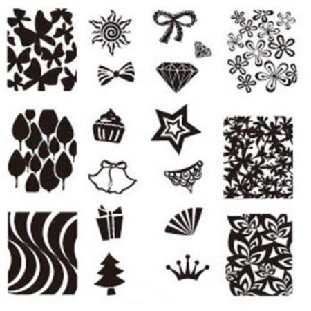 Plaque de Stamping Nœud, Etoile, Cupcake, Cadeau, Sapin, Couronne et Feuillage