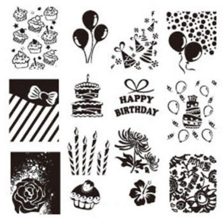 Plaque de Stamping Anniversaire, Happy Birthday, Ballons, Gâteau et Bougies D'anniversaire
