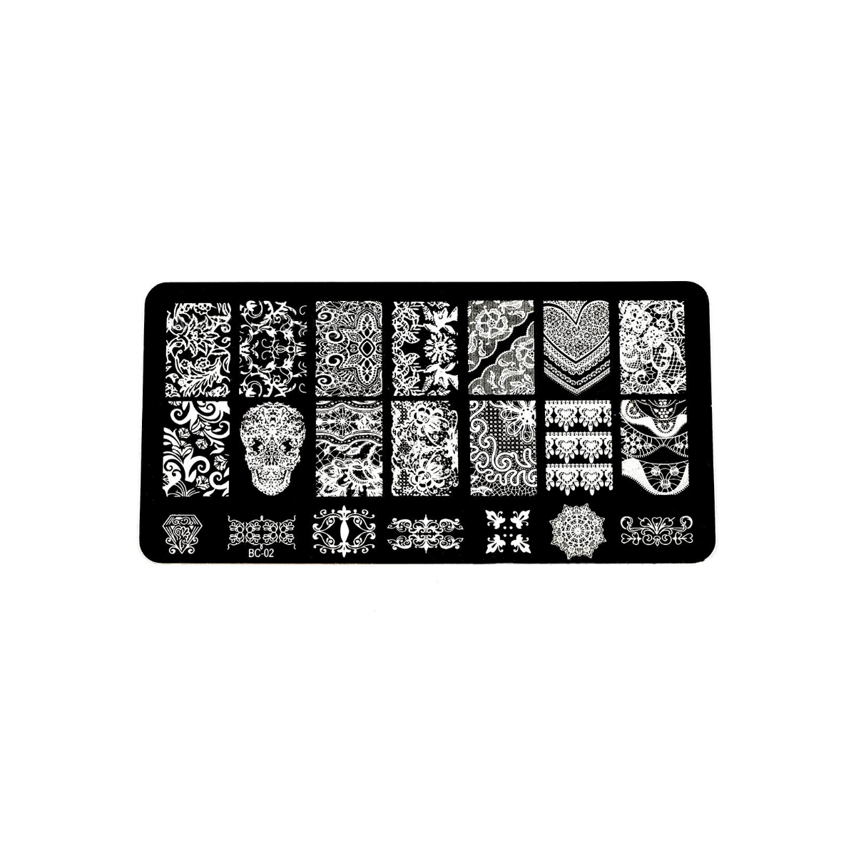 Plaque de Stamping Feuillage Baroque, Dentelle, Coeur et Tête de Mort BC02