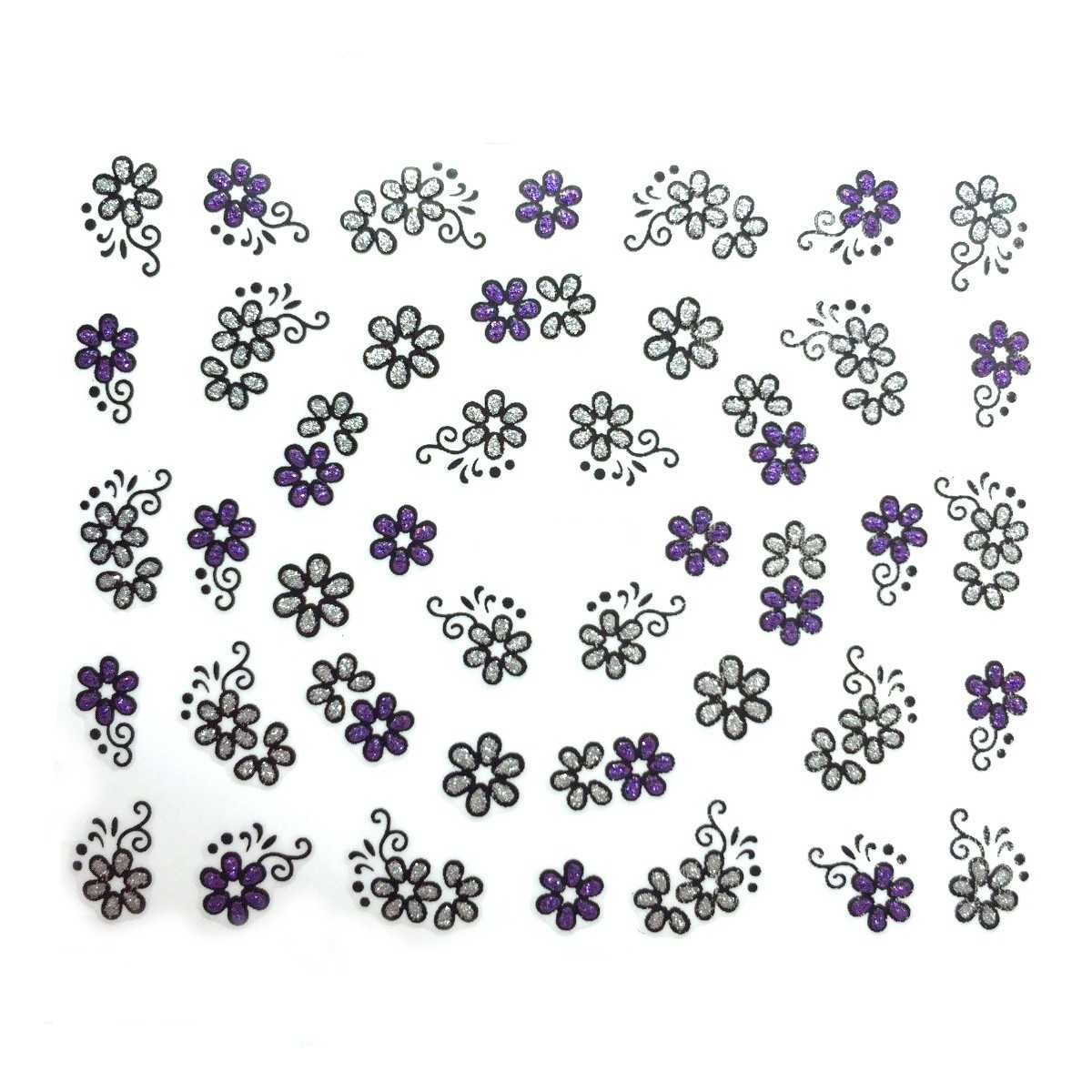 Stickers à Paillettes Fleurs - Violet et Argent