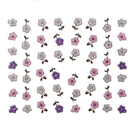 Stickers Ongles à Paillettes Fleurs - Rose, Violet et Argent
