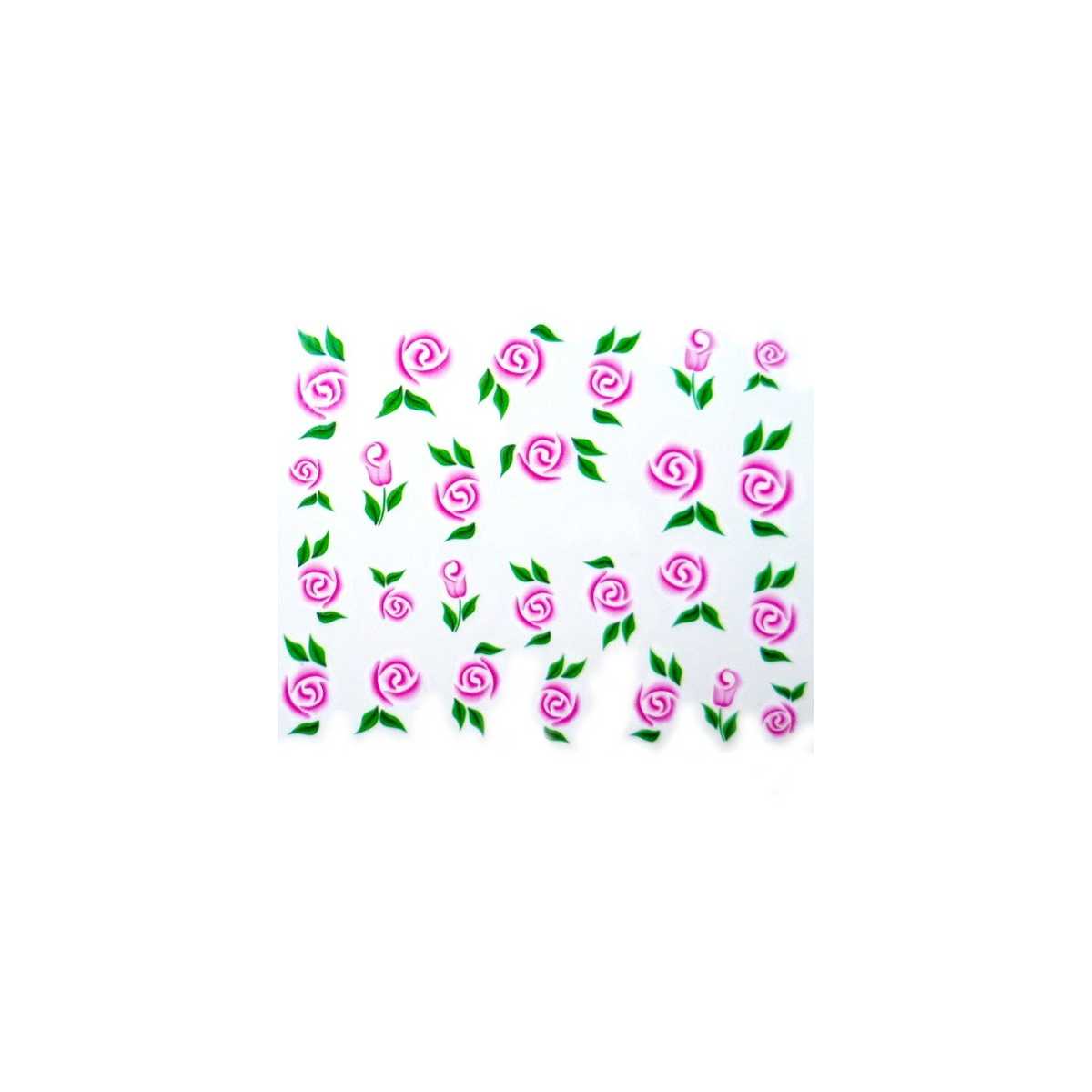 Water Decals Fleurs Roses Stylisées et Feuilles Vertes