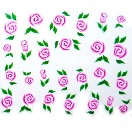 Water Decals Fleurs Roses Stylisées et Feuilles Vertes