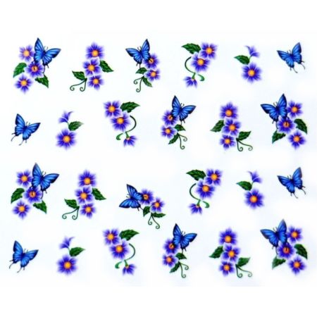 Water Decals Fleurs Violettes et Papilllons Bleus