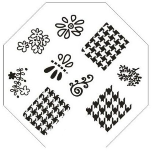 Plaque de Stamping Pied de poule Fleurs et Libellule