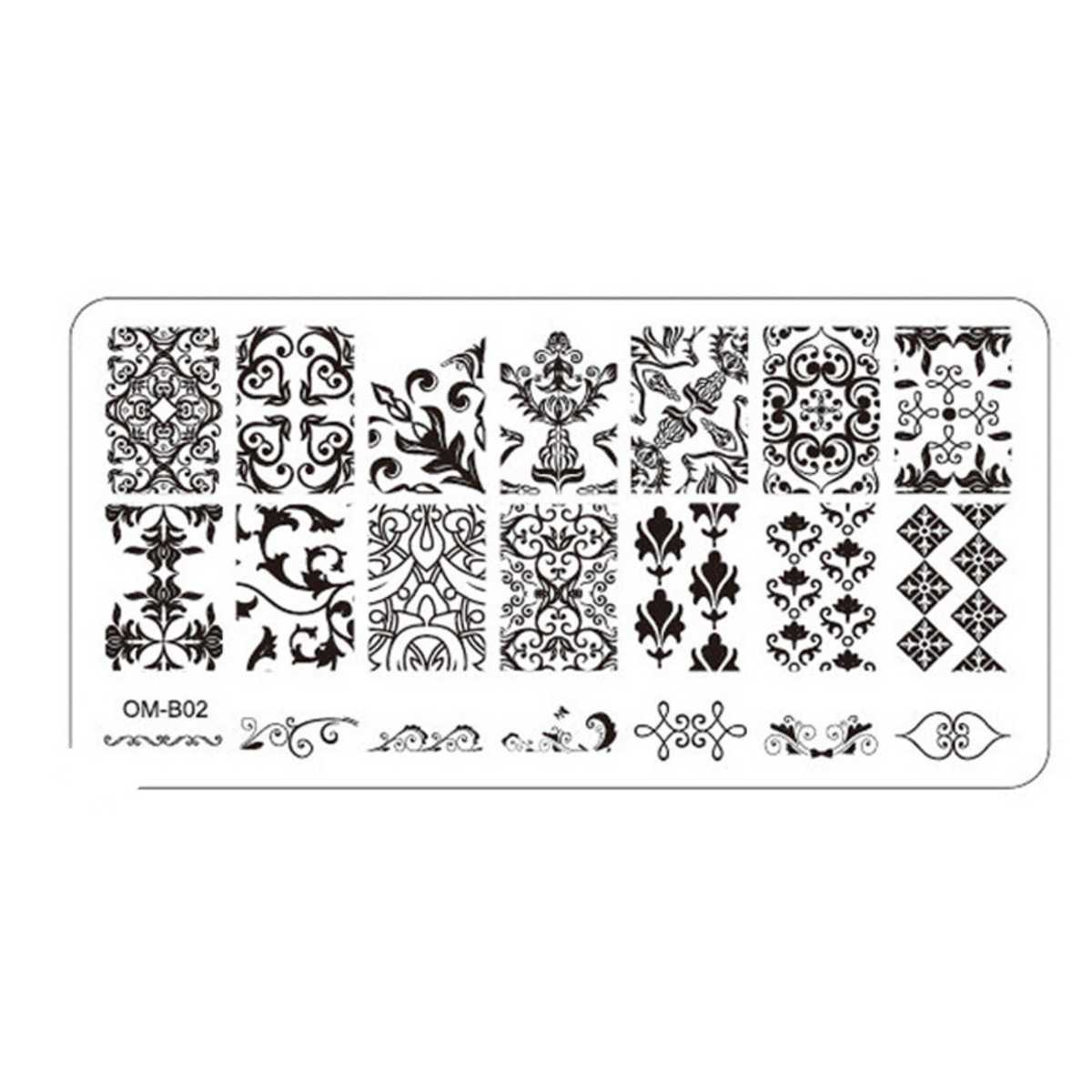 Plaque de Stamping Nail Art Motifs Intégraux, Baroque et Végétation OMB02