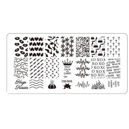 Plaque de Stamping Nail Art Coeur Talons Bouche Moustache Lunette OMB06