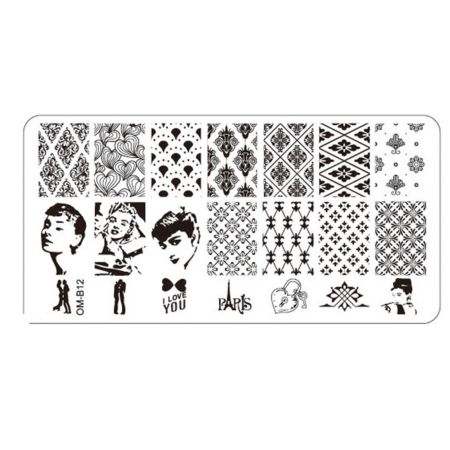 Plaque de Stamping Nail Art Baroque Dentelle Coeur Love et Paris OMB12