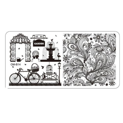 Plaque de Stamping Nail Art Jardin Fontaine Vélo et...