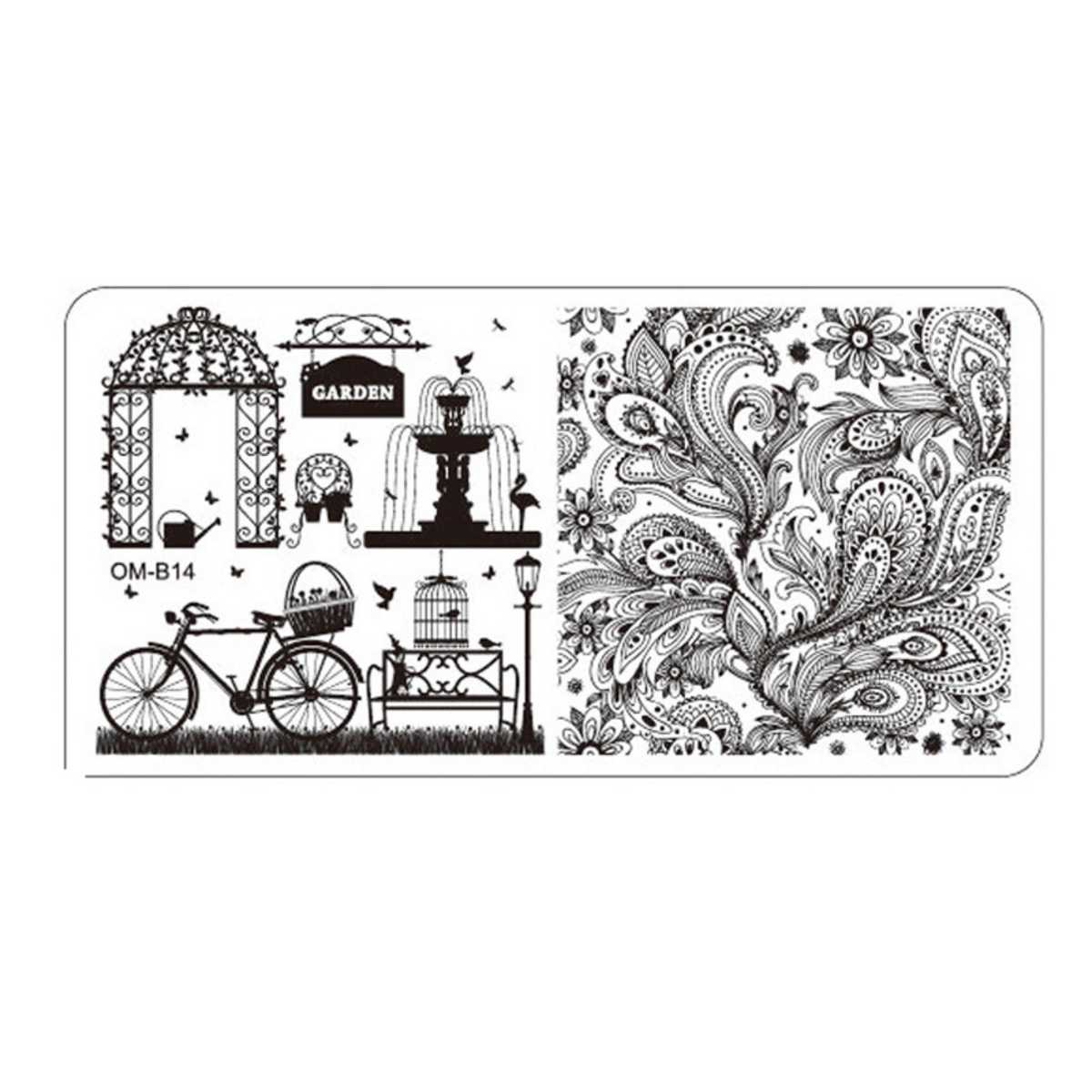 Plaque de Stamping Nail Art Jardin Fontaine Vélo et Arabesque OMB14