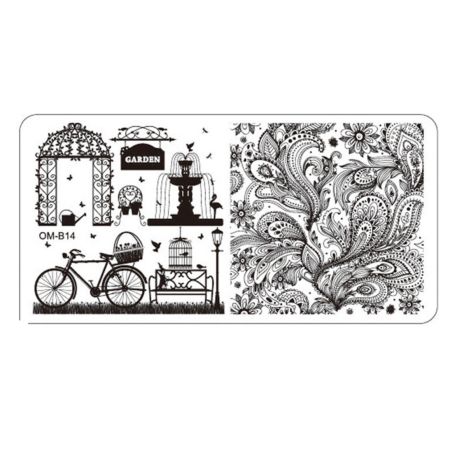 Plaque de Stamping Nail Art Jardin Fontaine Vélo et Arabesque OMB14
