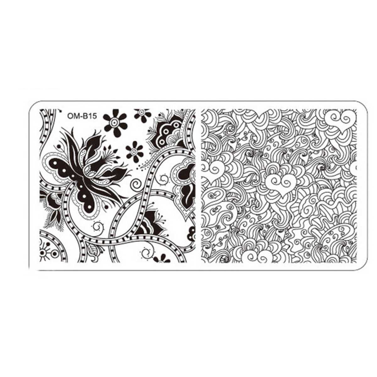 Plaque de Stamping Nail Art Arabesque Coeurs et Fleurs OMB15