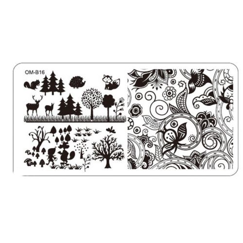Plaque de Stamping Nail Art Animaux de la Forêt Sapins et...