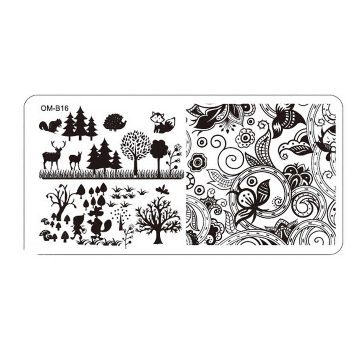 Plaque de Stamping Nail Art Animaux de la Forêt Sapins et Arabesques OMB16