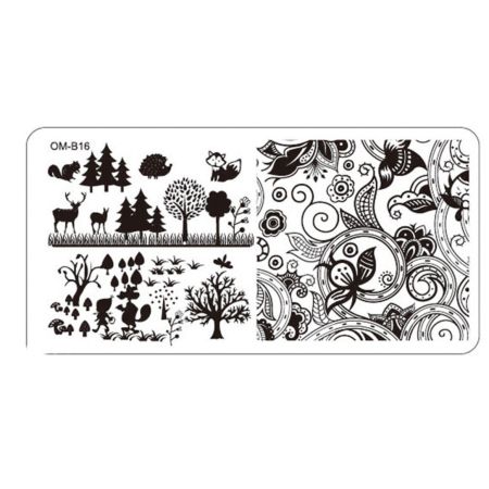 Plaque de Stamping Nail Art Animaux de la Forêt Sapins et Arabesques OMB16