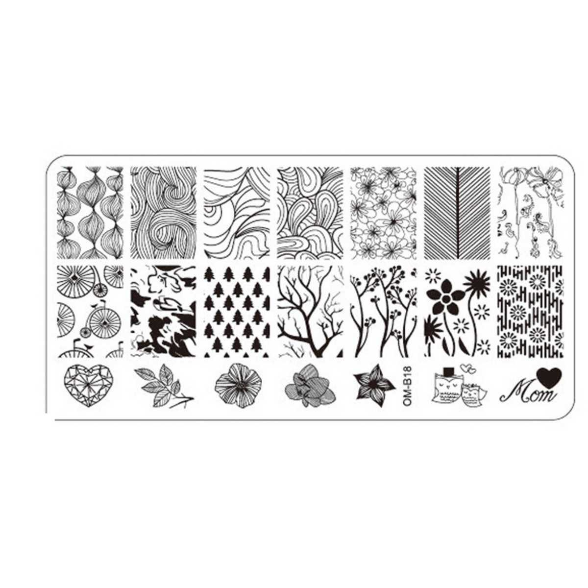 Plaque de Stamping Nail Art Arbres Sapins Arabesques et Coeur OMB18