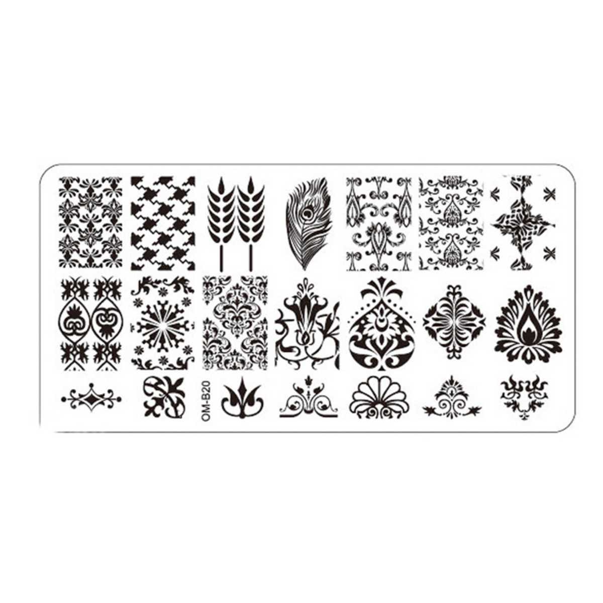 Plaque de Stamping Nail Art Baroque Blé Plume et Motifs Intégraux OMB20