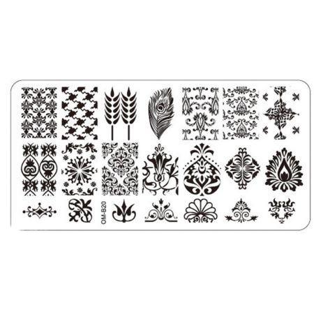 Plaque de Stamping Nail Art Baroque Blé Plume et Motifs Intégraux OMB20