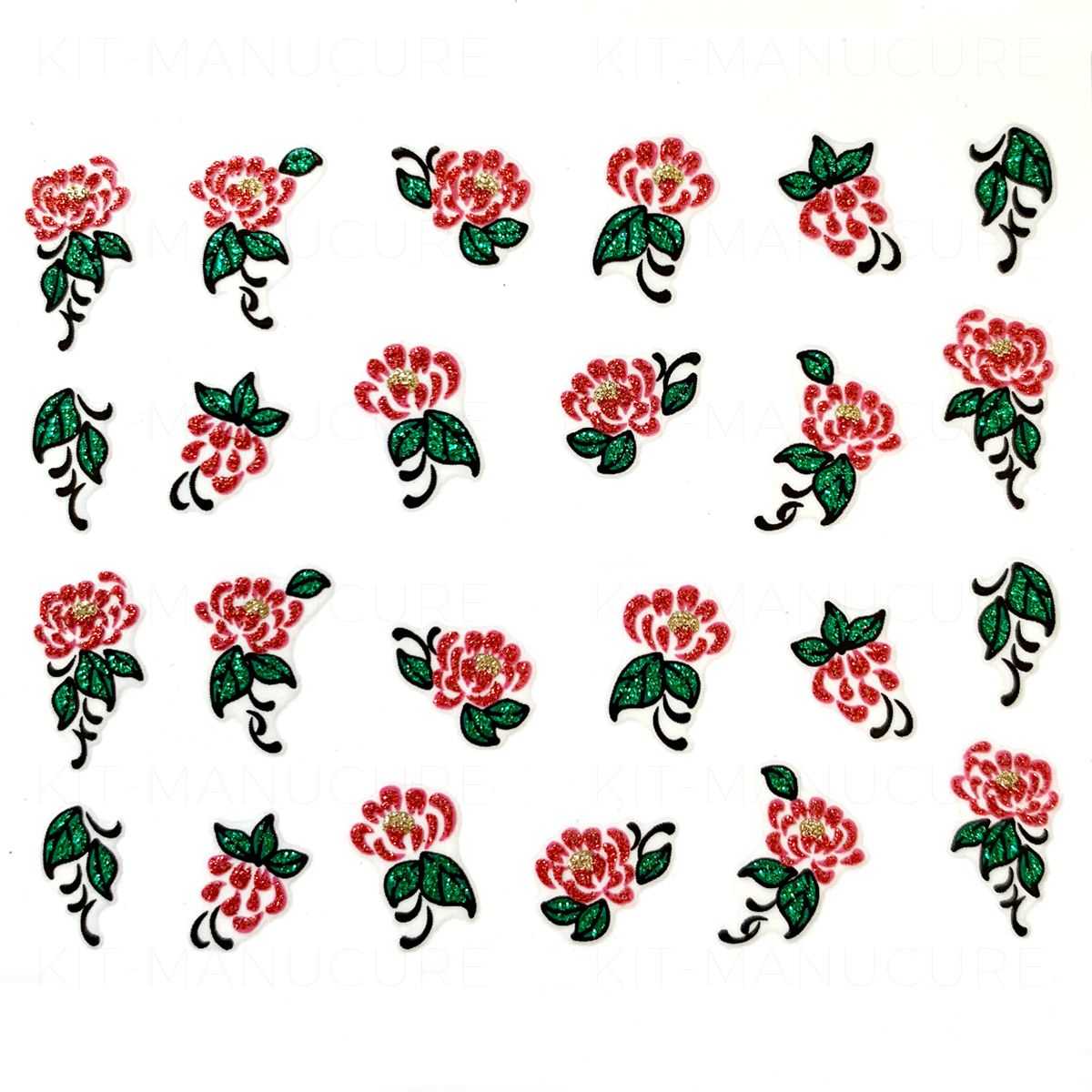 Stickers Ongles à Paillettes Pivoines Rouges