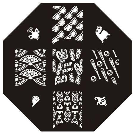 Plaque de Stamping Petits Monstres, Lunettes de Soleil, Tongs et Maillot de Bain