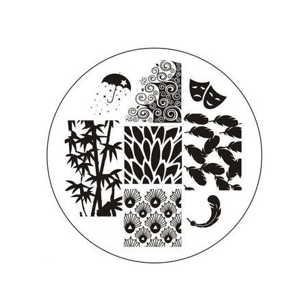 Plaque de Stamping Palmiers, Plumes Parapluie et Masques de Théâtre